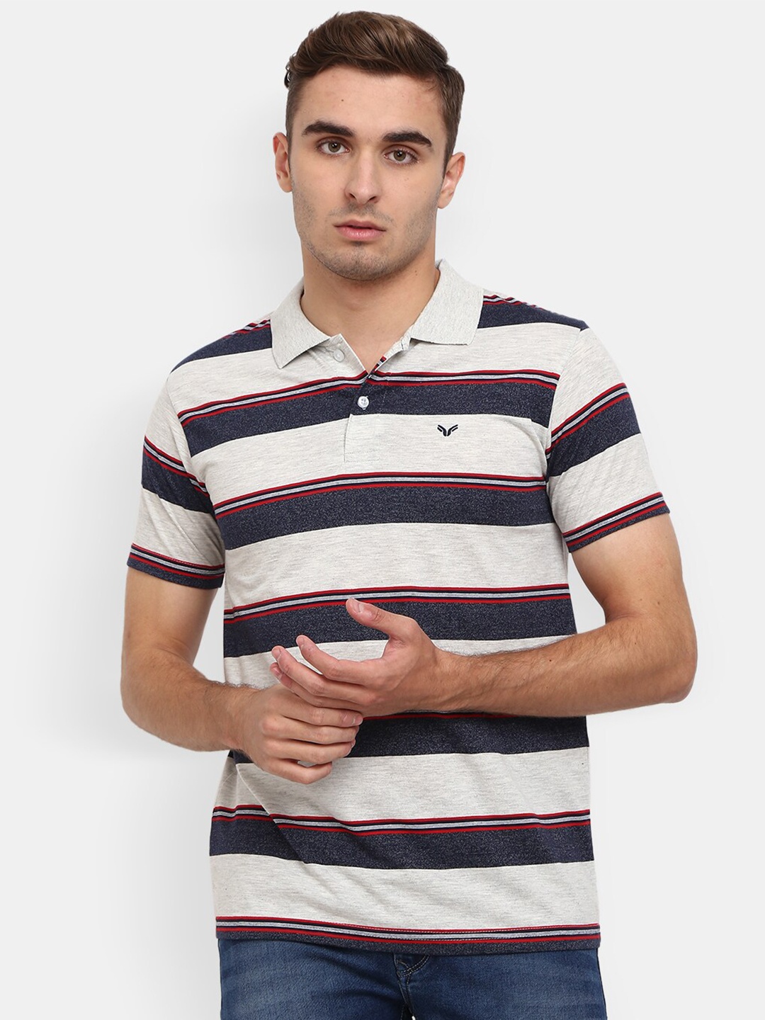 

V-Mart Men Off White & Charcoal Printed Polo Collar Cotton T-shirt