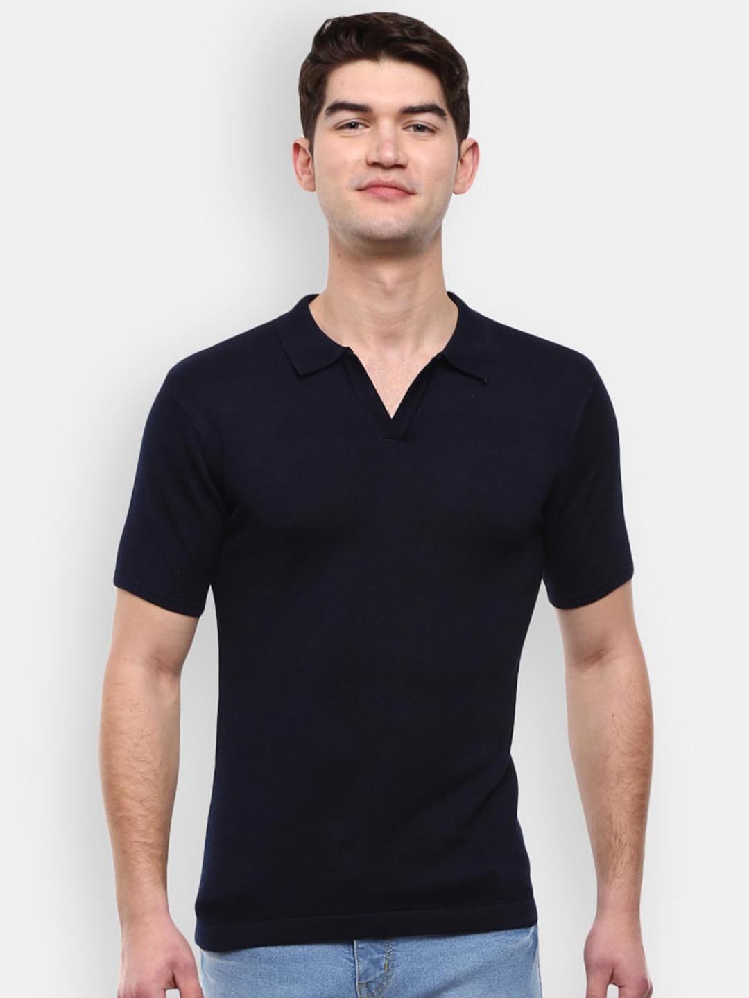 

V-Mart Men Blue Solid Polo Collar Cotton T-shirt