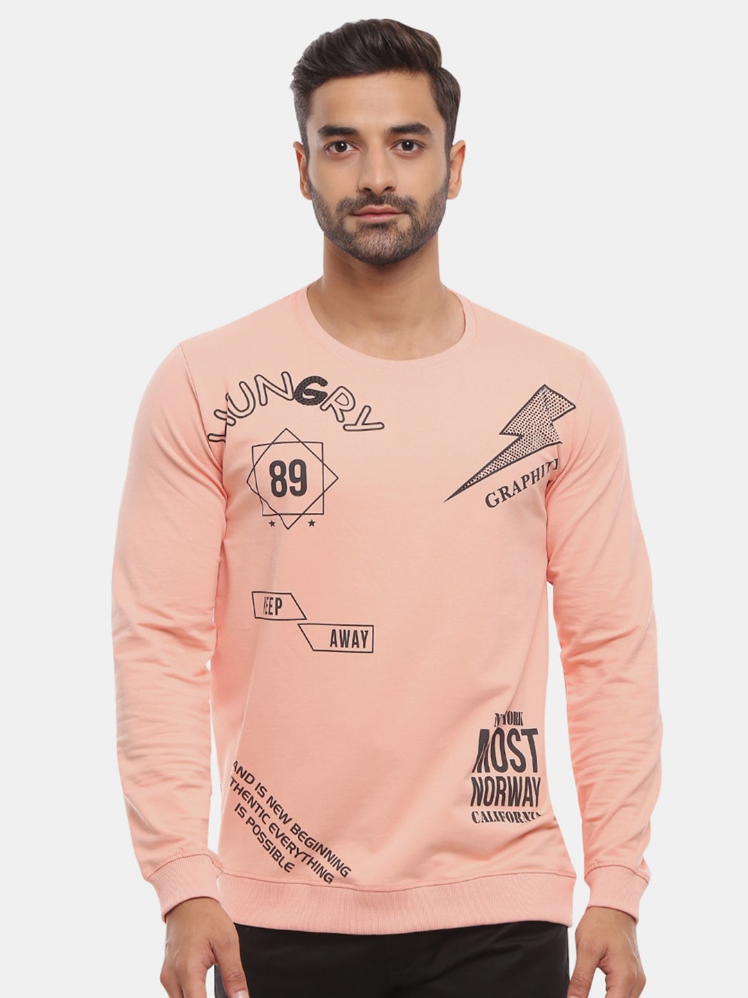 V-Mart Men Peach-Coloured Printed Cotton T-shirt
