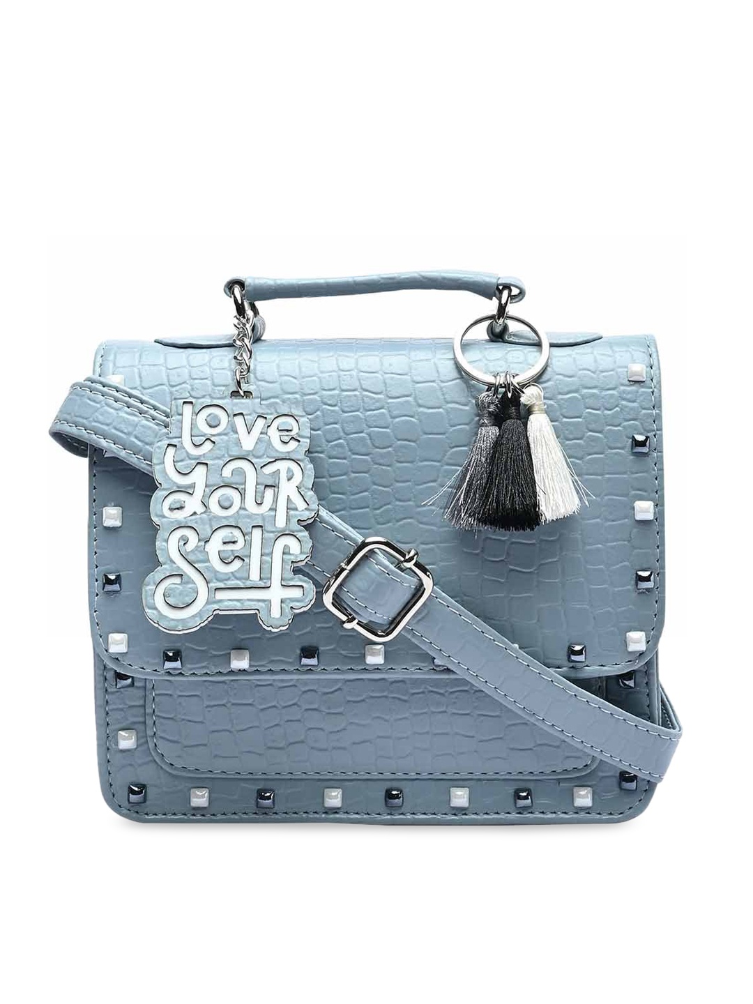 

Vdesi Blue Embellished PU Structured Satchel with Tasselled