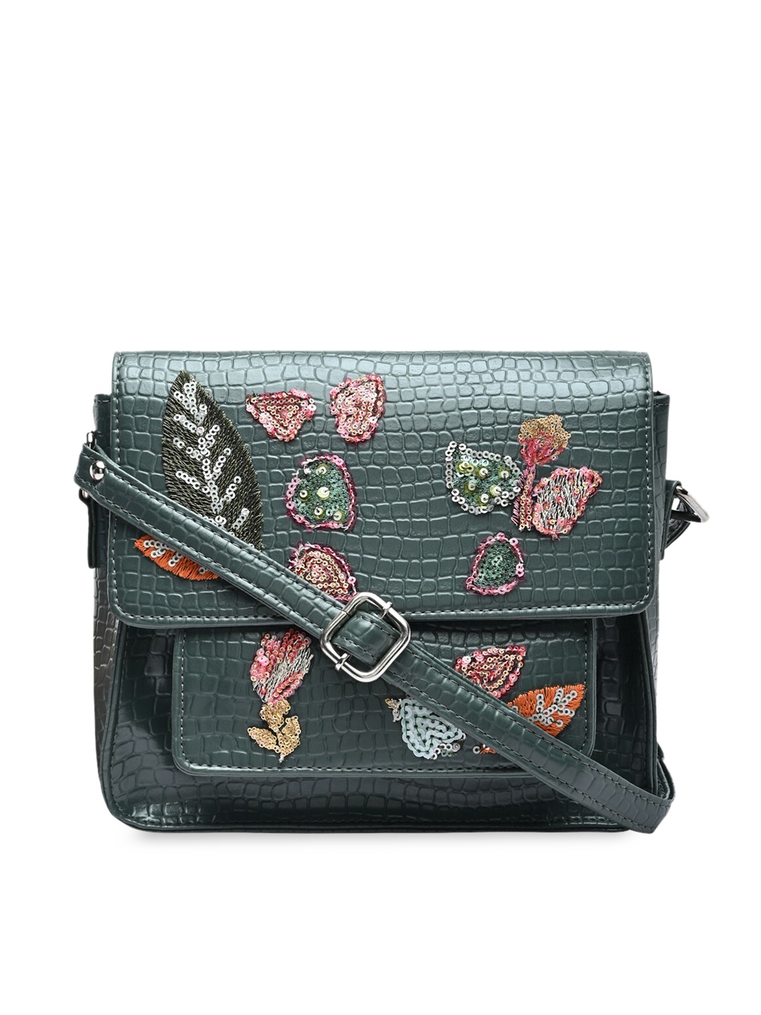 

Vdesi Green Embellished PU Structured Sling Bag