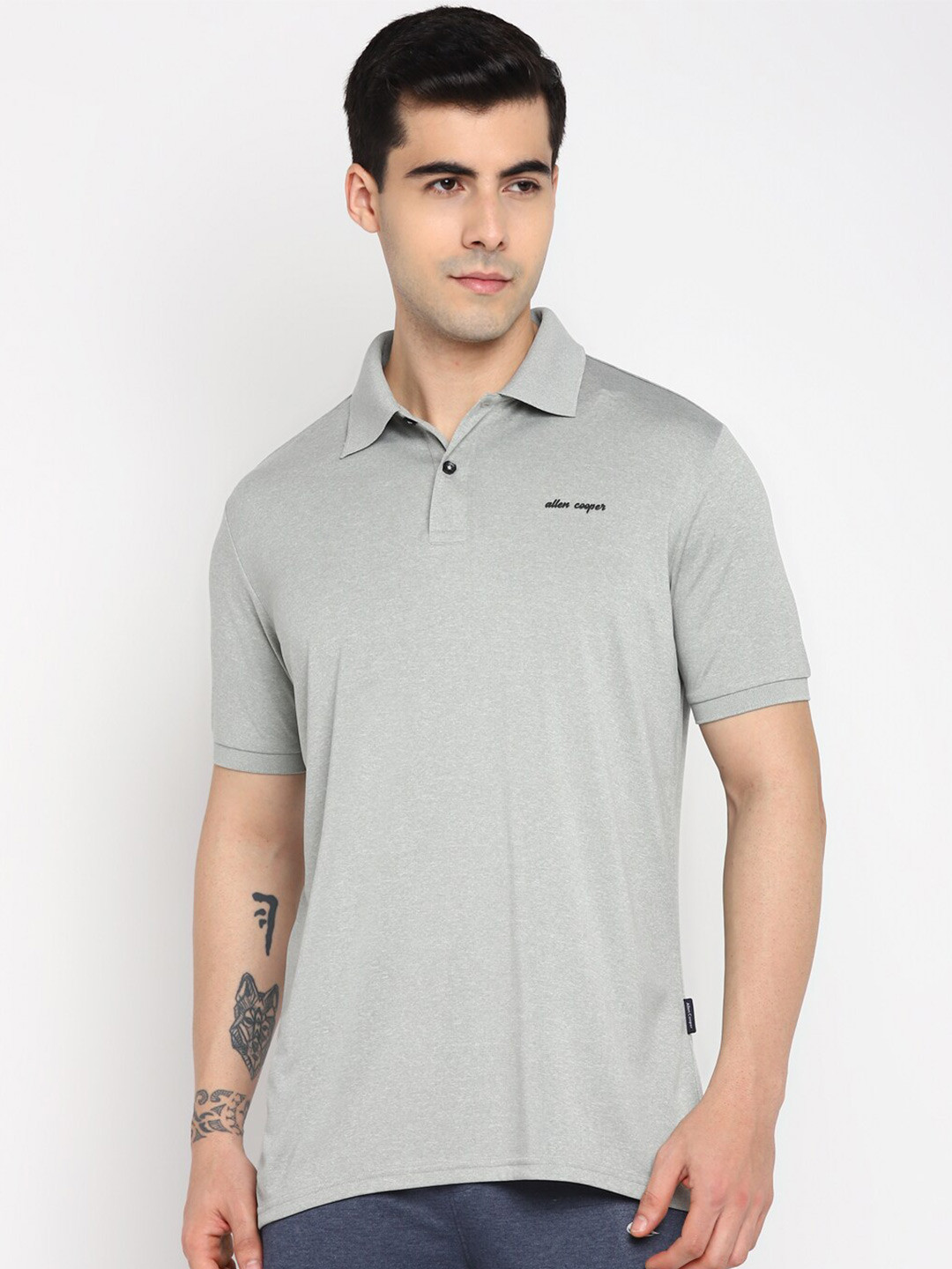 

Allen Cooper Men Grey Polo Collar Moisture Wicking T-shirt