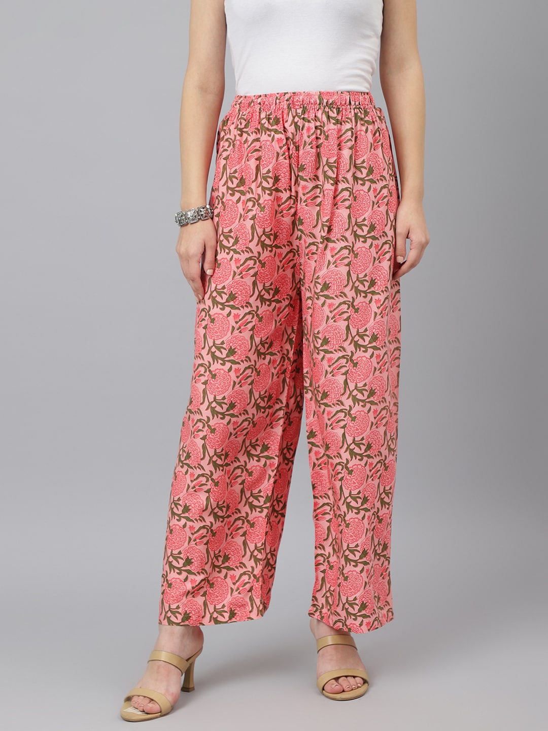 

ADAA JAIPUR Women Pink & Green Floral Printed Knitted Ethnic Palazzos