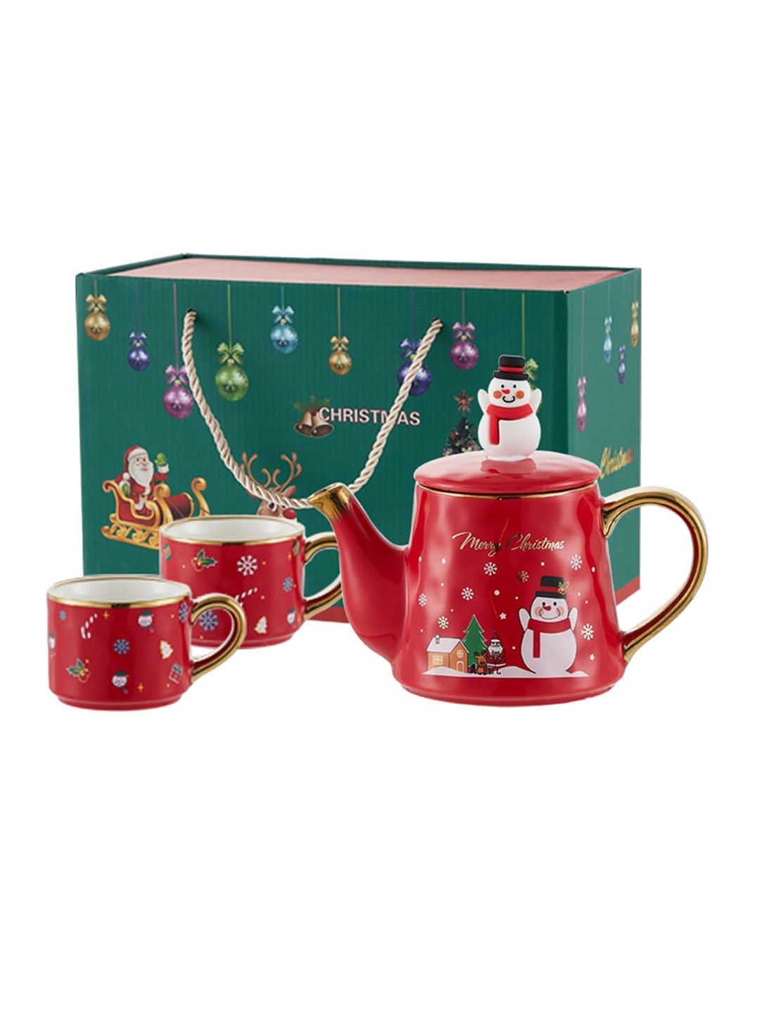 

Little Surprise Box LLP Red Printed Ceramic Tea Pot with 2 Coffee Cup Set
