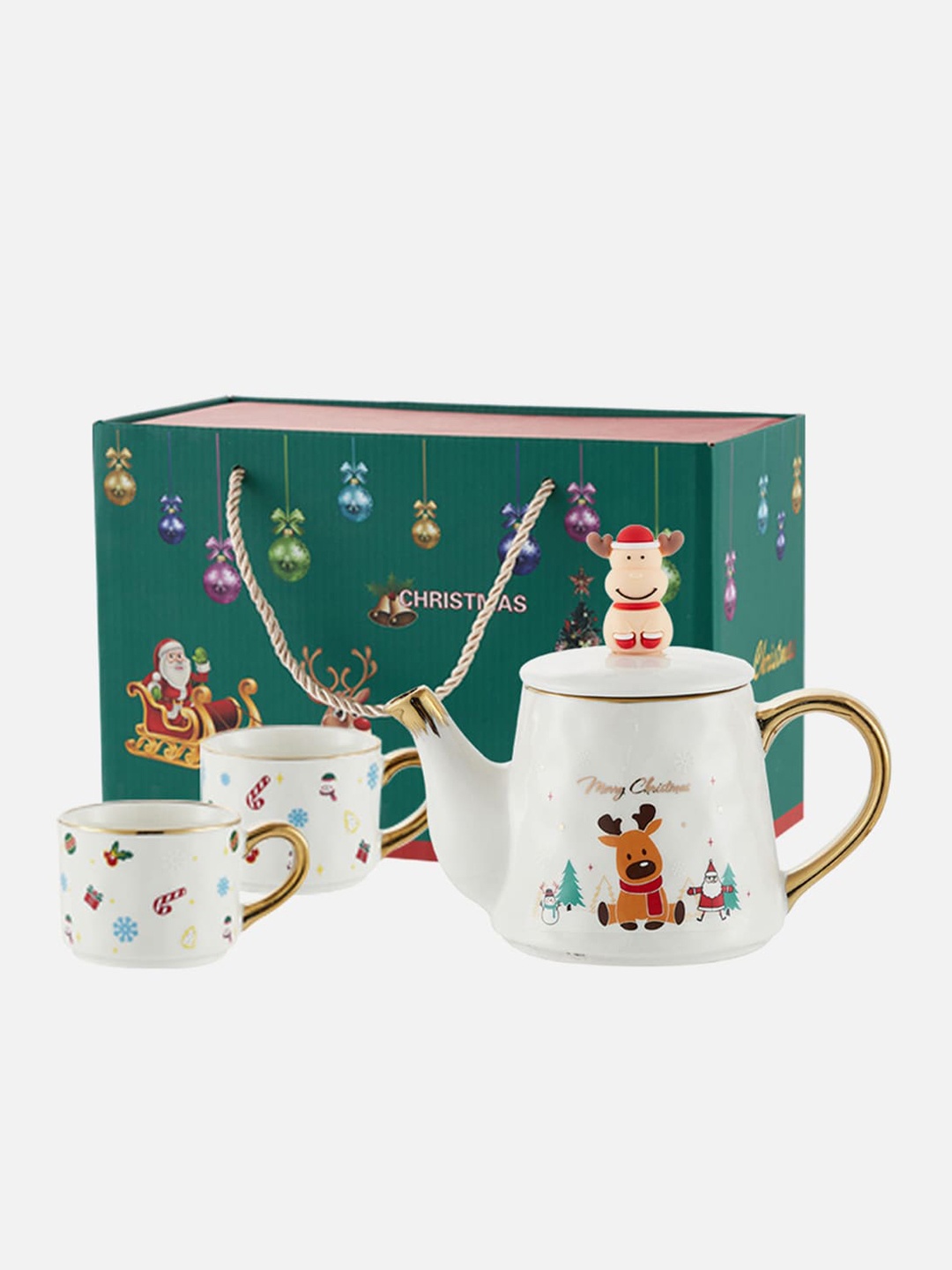 

Little Surprise Box LLP Set Of 3 White Printed Tea Pot With 2 Coffee Cup Set 550 ml