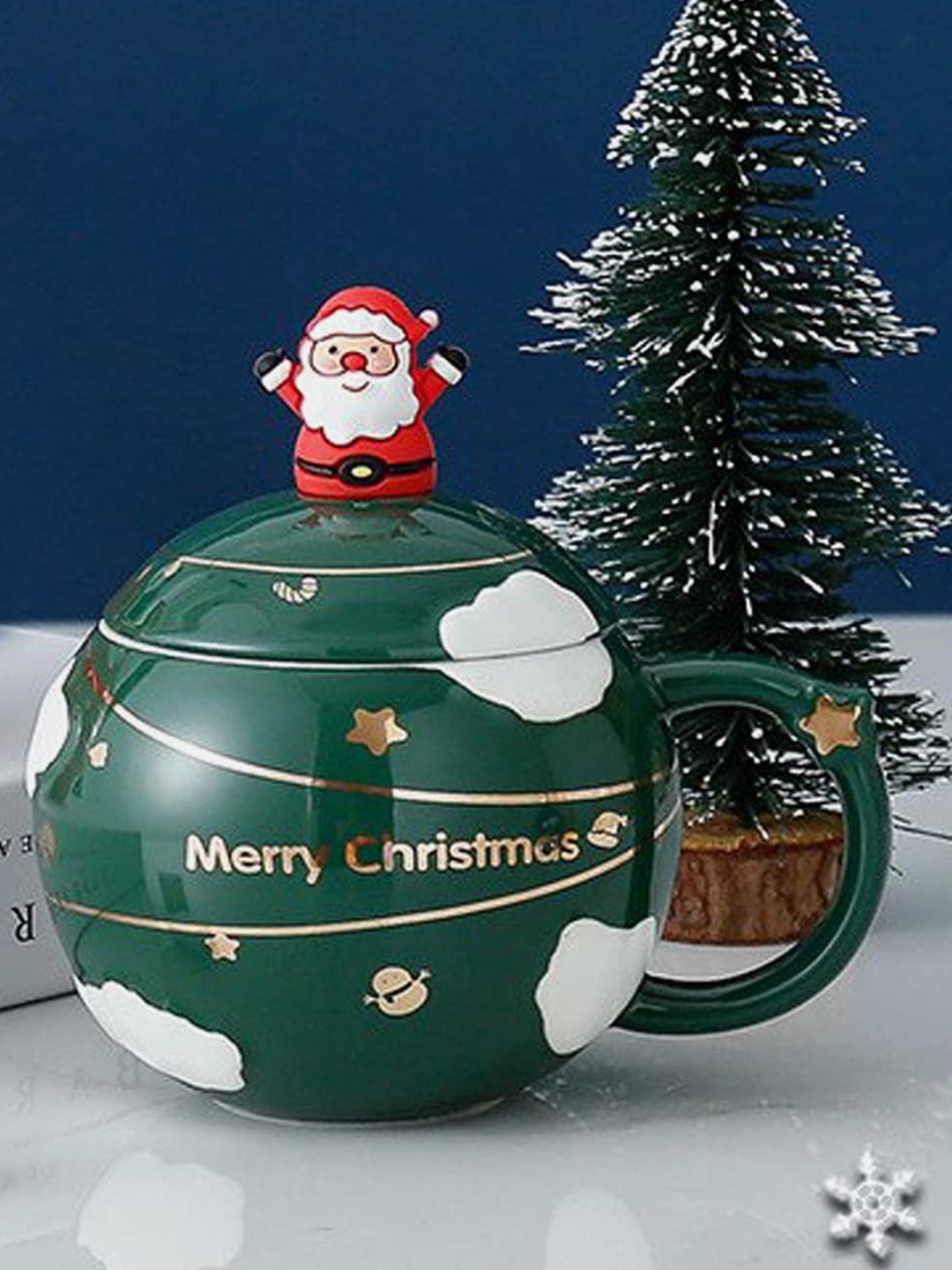 

Little Surprise Box LLP Green Merry Christmas Ceramic Mug Round Cup With Lid & Spoon