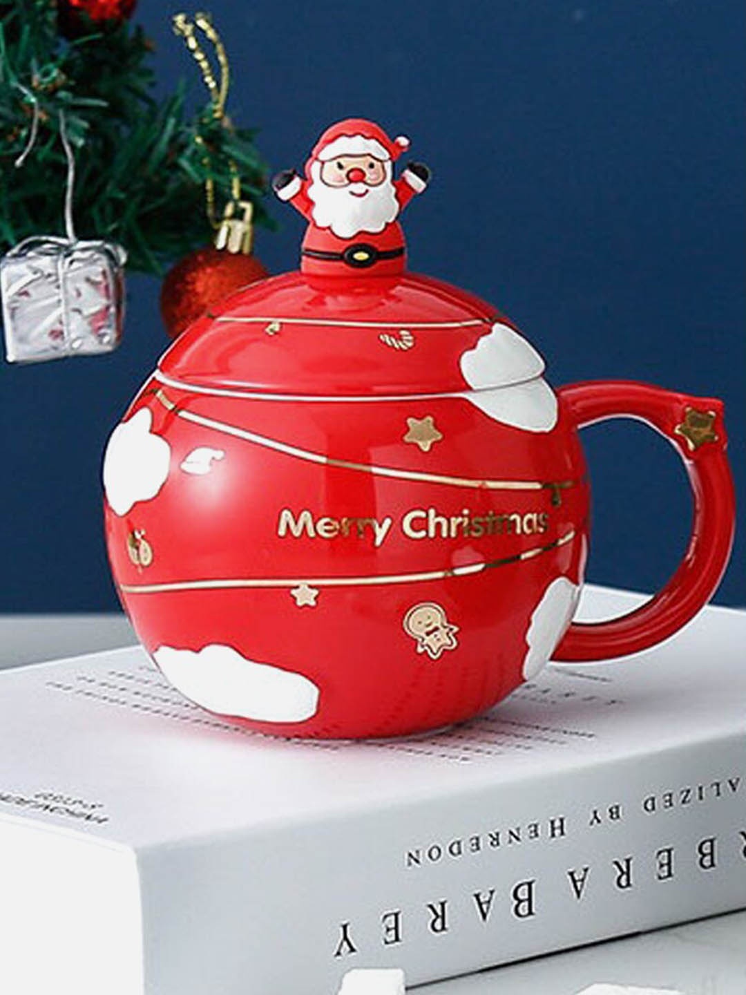 

Little Surprise Box LLP Merry Christmas Red Round Cup With Lid & Spoon 330 ml