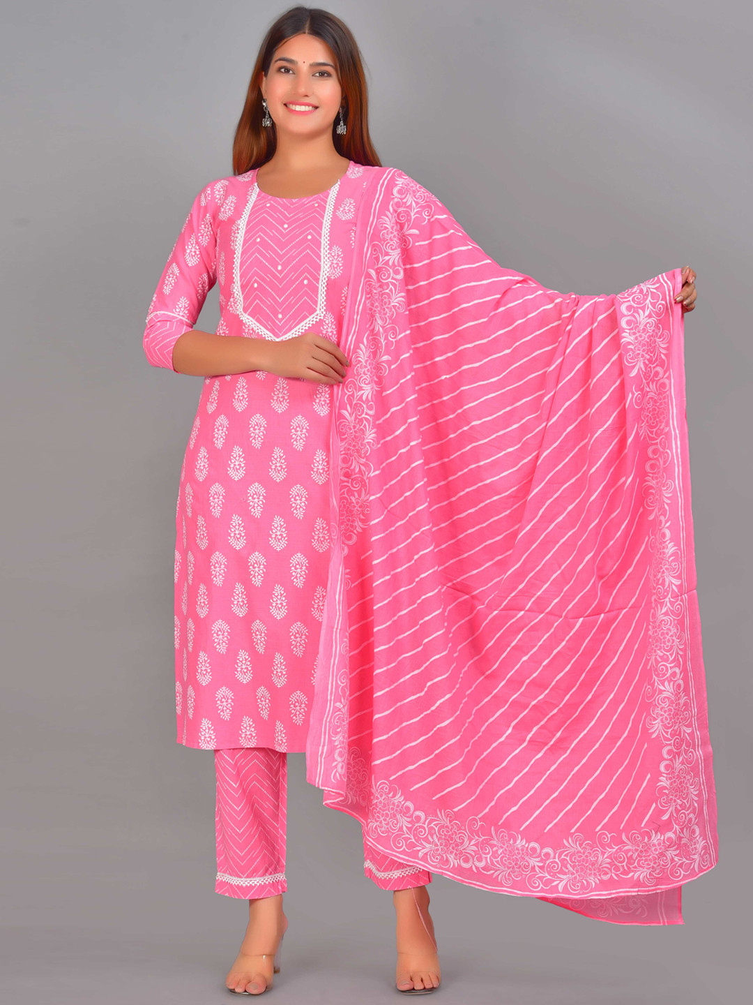 

Senyora Women Pink Ethnic Motifs Printed Pure Cotton Kurta with Trousers & With Dupatta