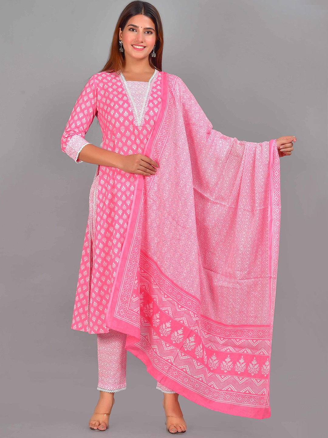 

Senyora Pink Ethnic Motifs Printed Pure Cotton Kurta with Trousers & With Dupatta