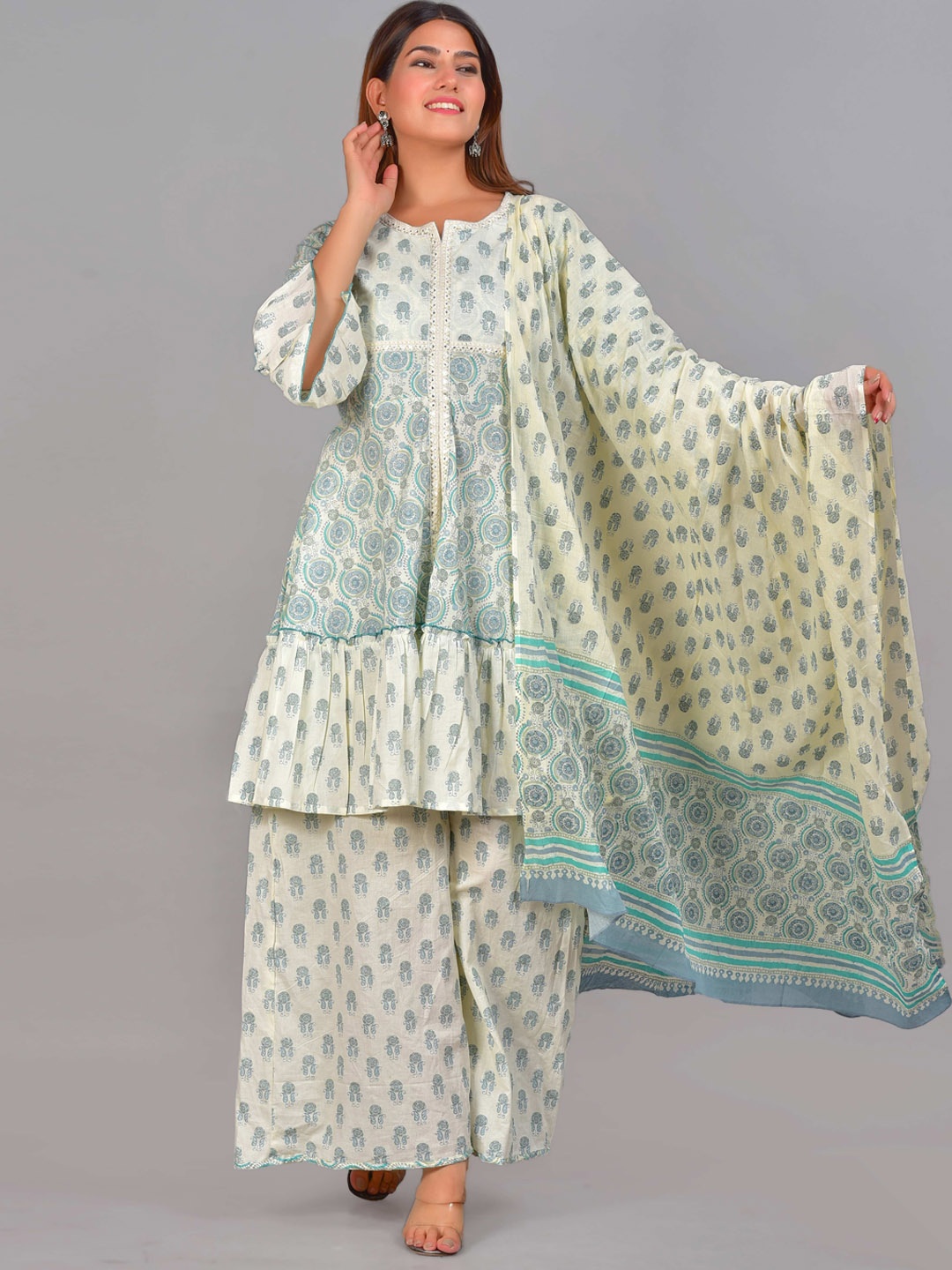 

Senyora Women Off White Paisley Printed Pure Cotton Kurta with Palazzo & With Dupatta