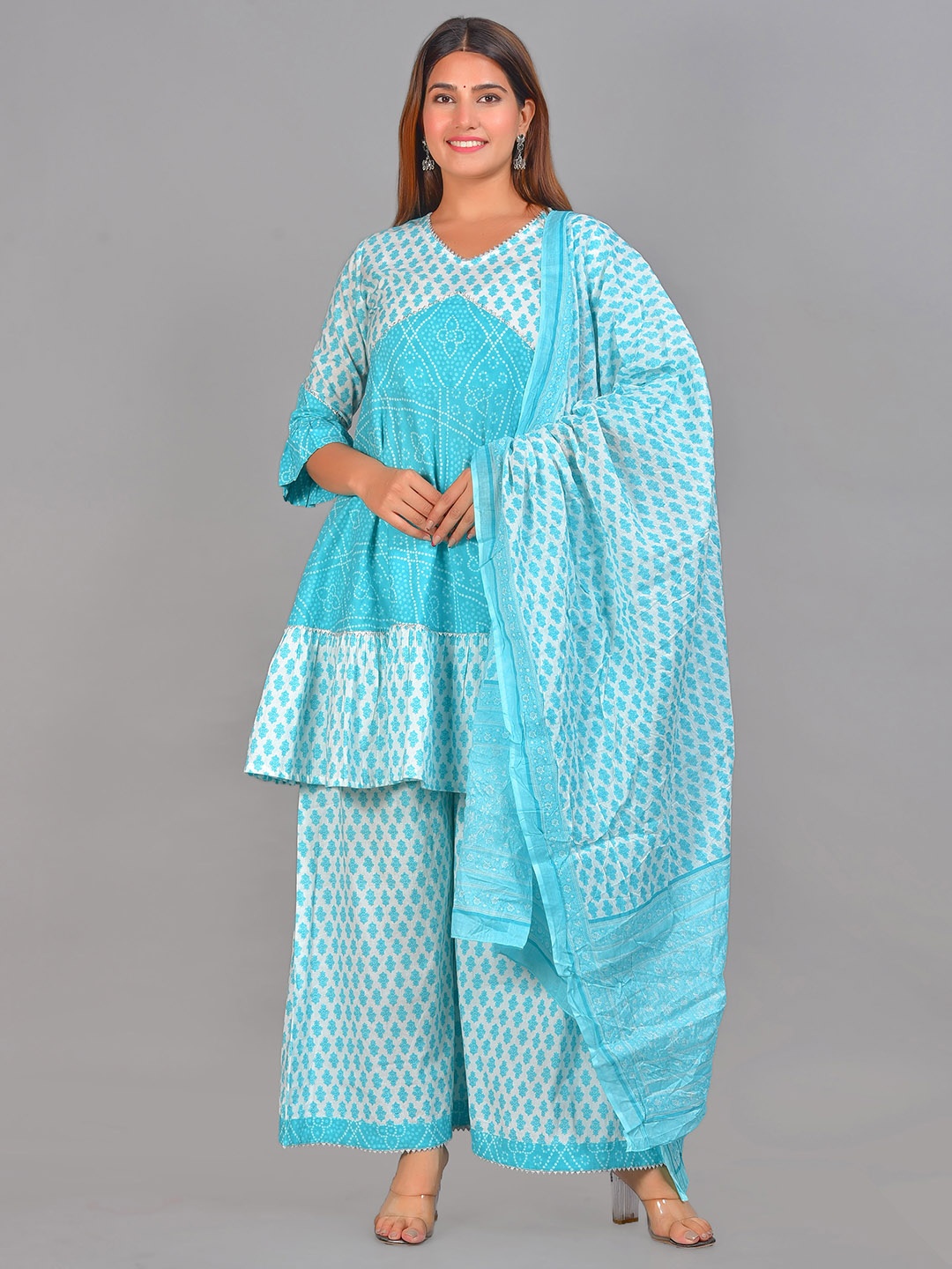 

Senyora Blue Bandhani Printed Pure Cotton Kurta with Sharara & With Dupatta