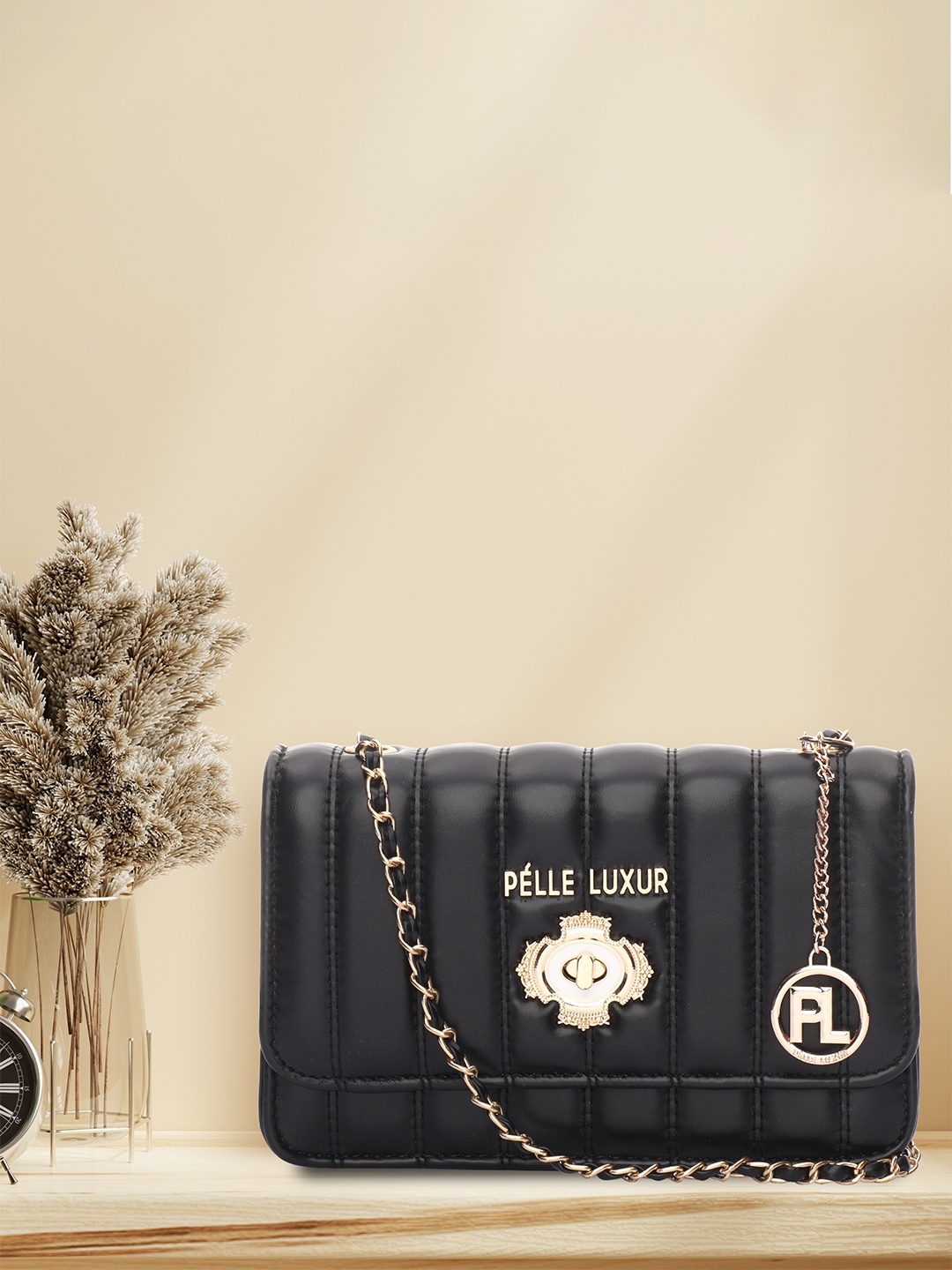 

PELLE LUXUR Textured PU Structured Sling Bag, Black