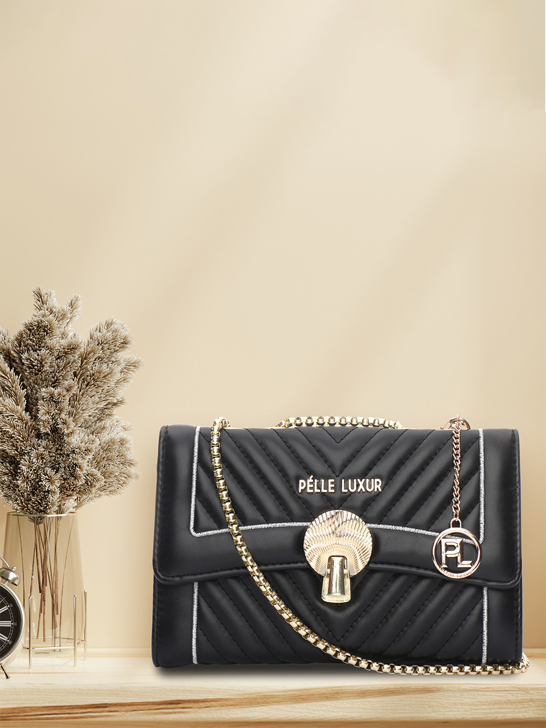 

PELLE LUXUR Textured PU Structured Sling Bag, Black