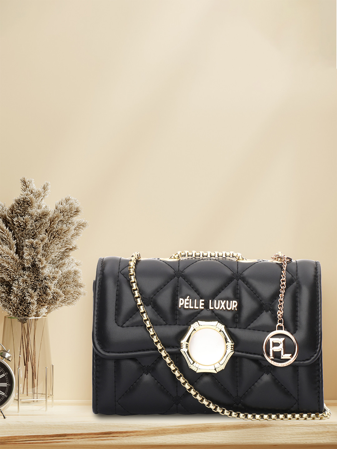 

PELLE LUXUR Textured PU Structured Sling Bag, Black