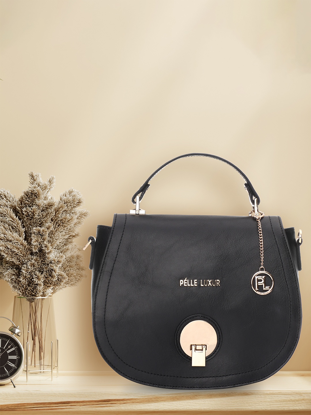 

PELLE LUXUR Textured PU Structured Sling Bag, Black