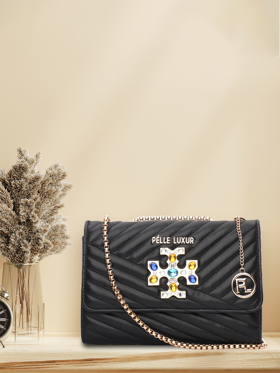 

PELLE LUXUR Textured PU Structured Satchel with Quilted, Black