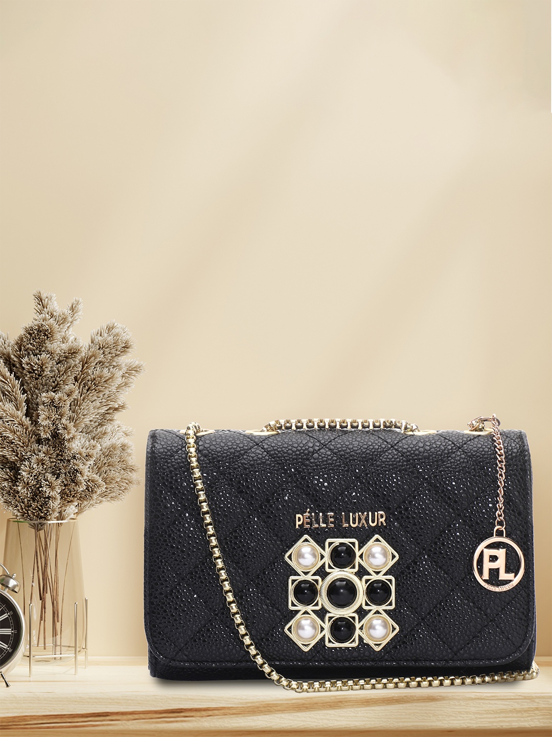 

PELLE LUXUR Textured PU Structured Sling Bag, Black