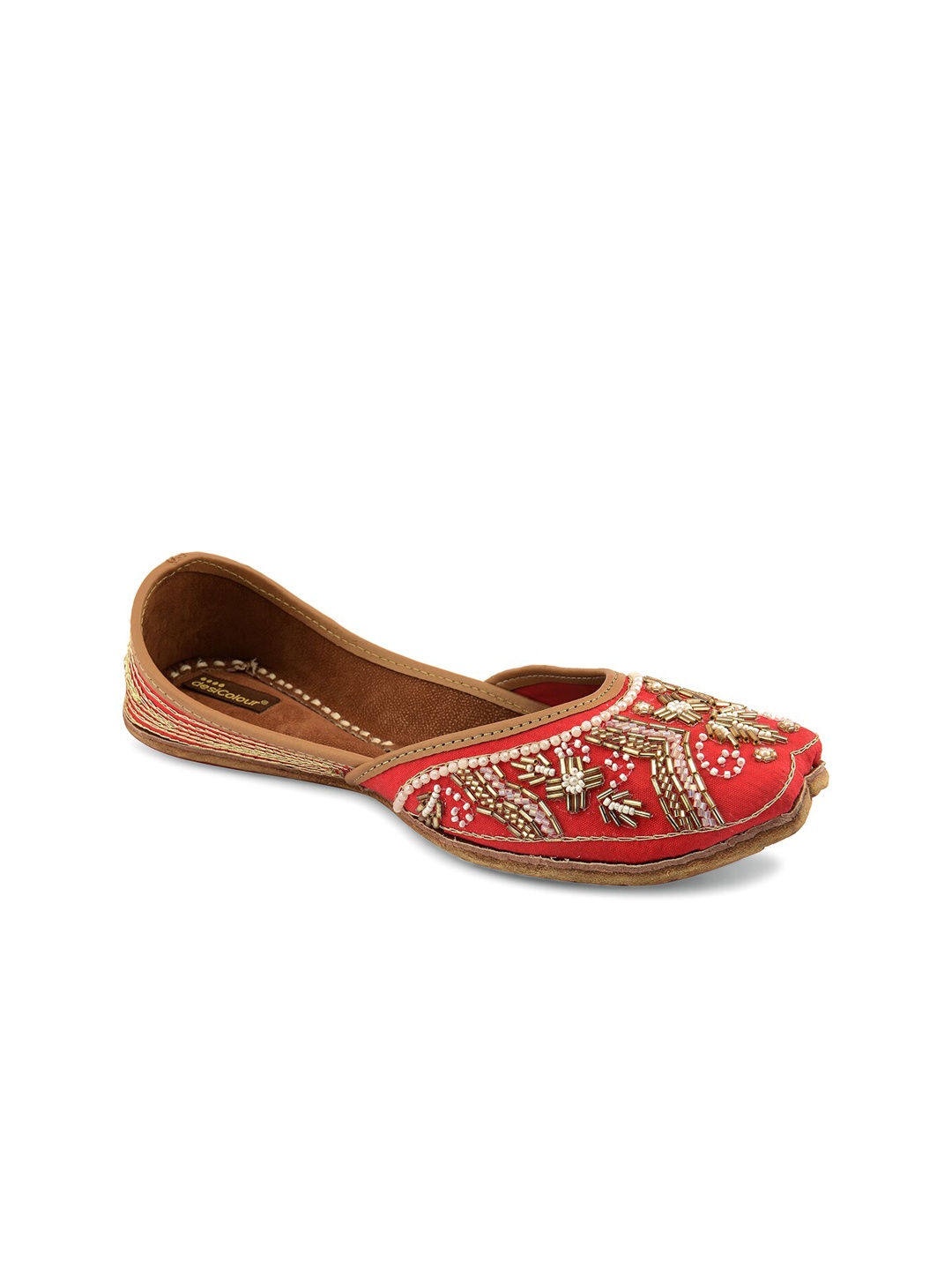 

DESI COLOUR Women Red & Gold Embellished Leather Ethnic Mojaris Flats