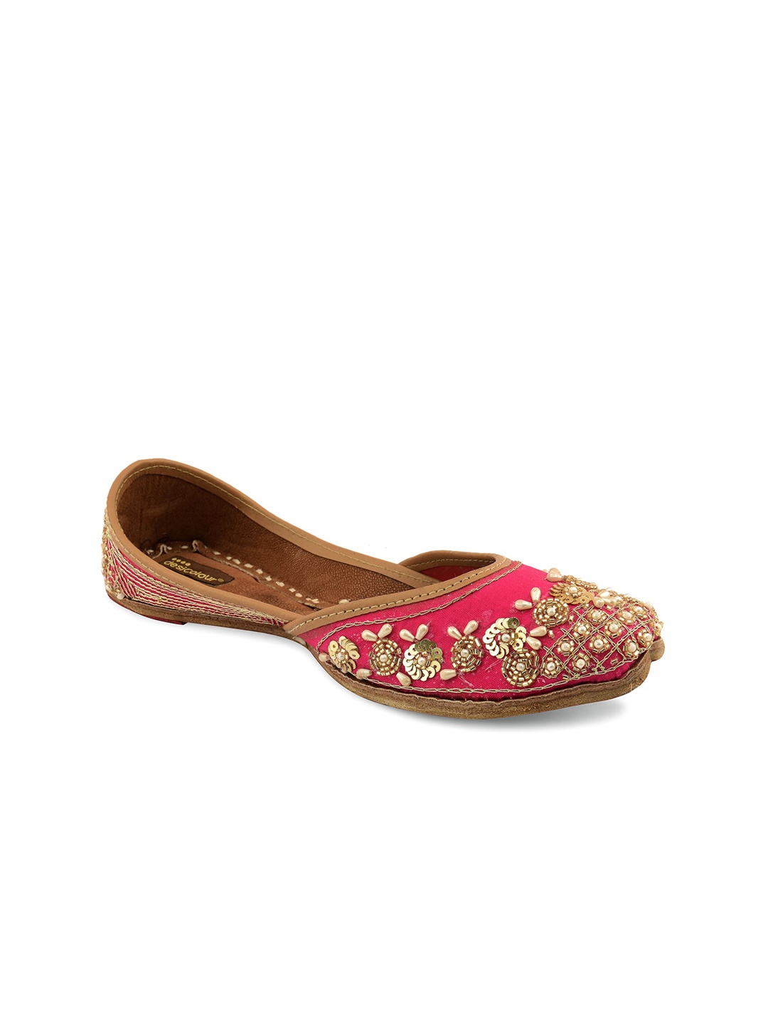 

DESI COLOUR Women Peach & Gold Embellished Leather Ethnic Mojaris Flats
