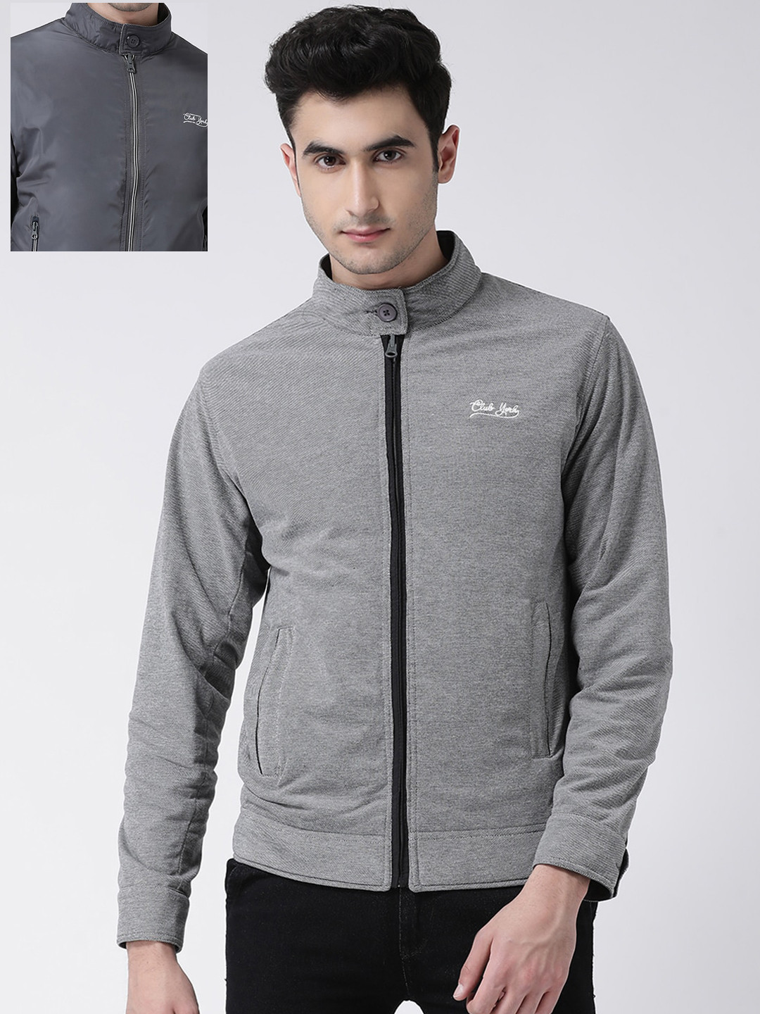 

Club York Men Grey Reversible Cotton Bomber Jacket