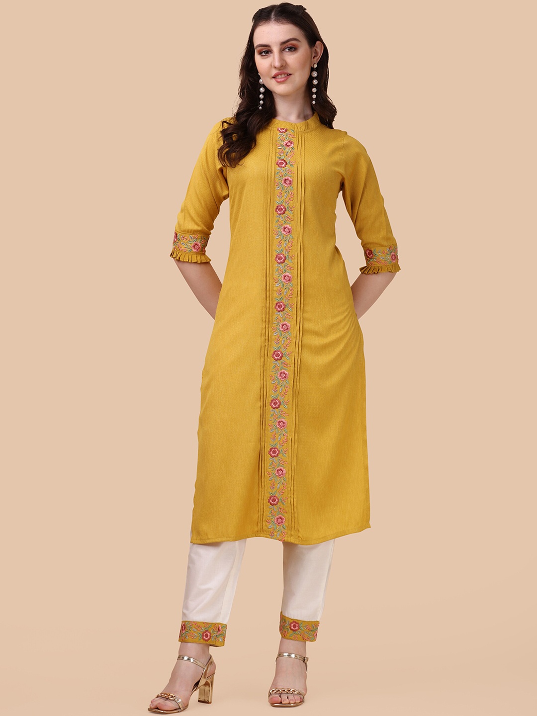 

Berrylicious Women Yellow Floral Embroidered Thread Work Kurta with Trousers