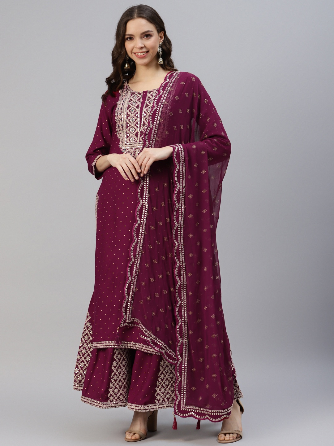 

DIVYANK Women Ethnic Motifs Yoke Design Mirror Work Kurta with Sharara & Dupatta, Burgundy