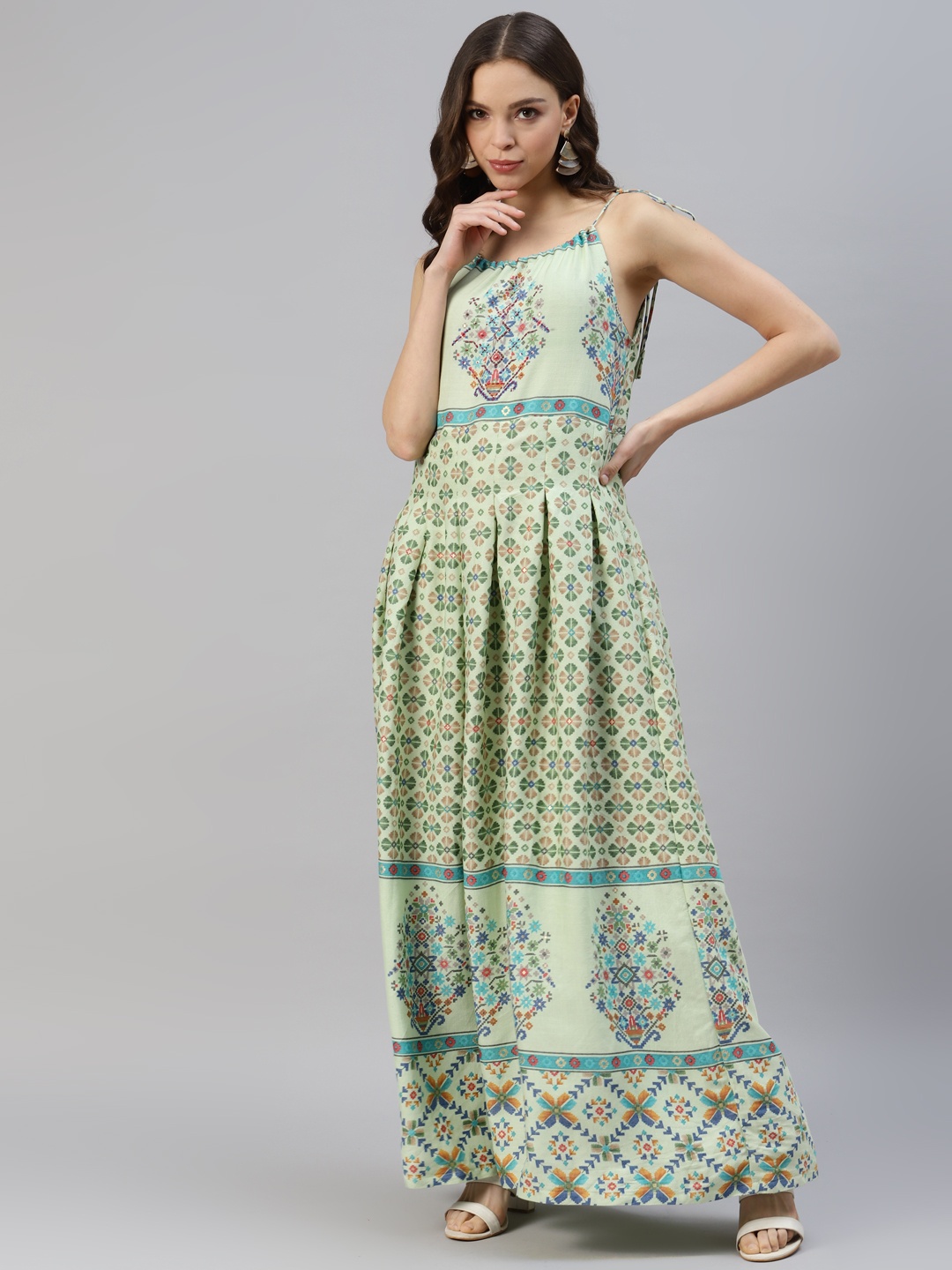 

DIVYANK Ethnic Motifs Printed A-Line Maxi Dress, Green