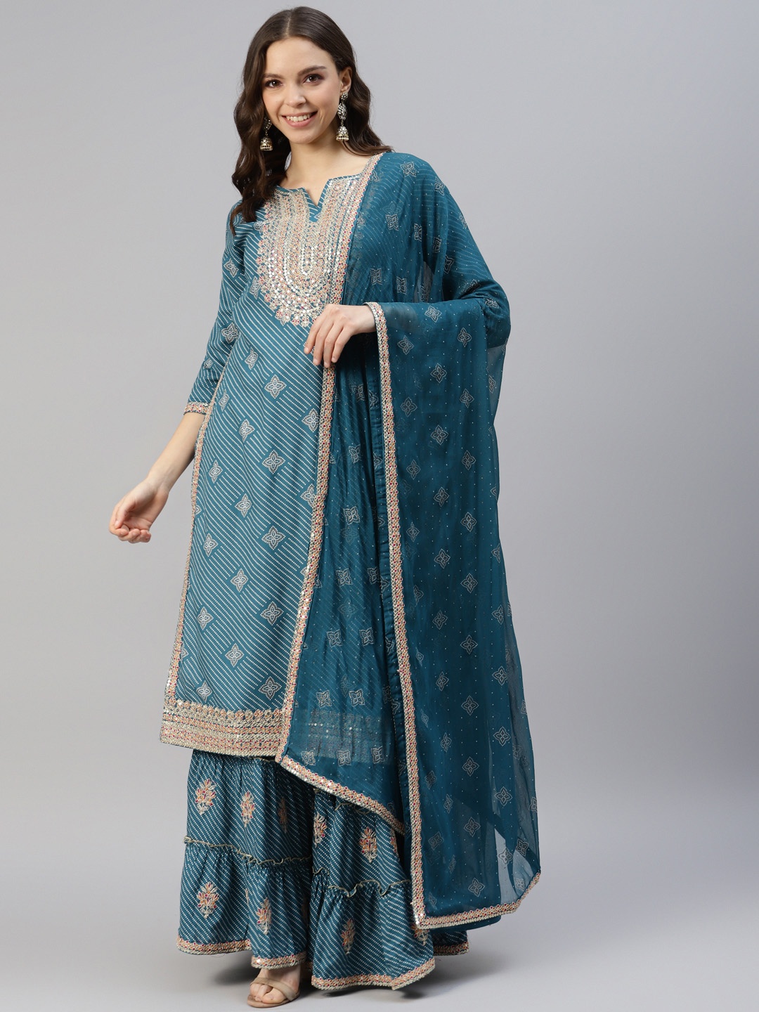 

DIVYANK Women Ethnic Motifs Embroidered Thread Work Kurta with Sharara & Dupatta, Blue