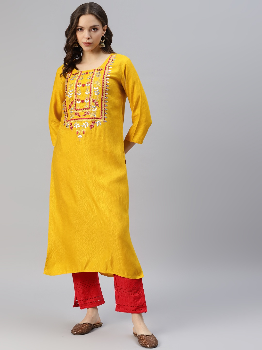 

DIVYANK Women Floral Embroidered Thread Work Pure Cotton Kurta with Trousers, Yellow