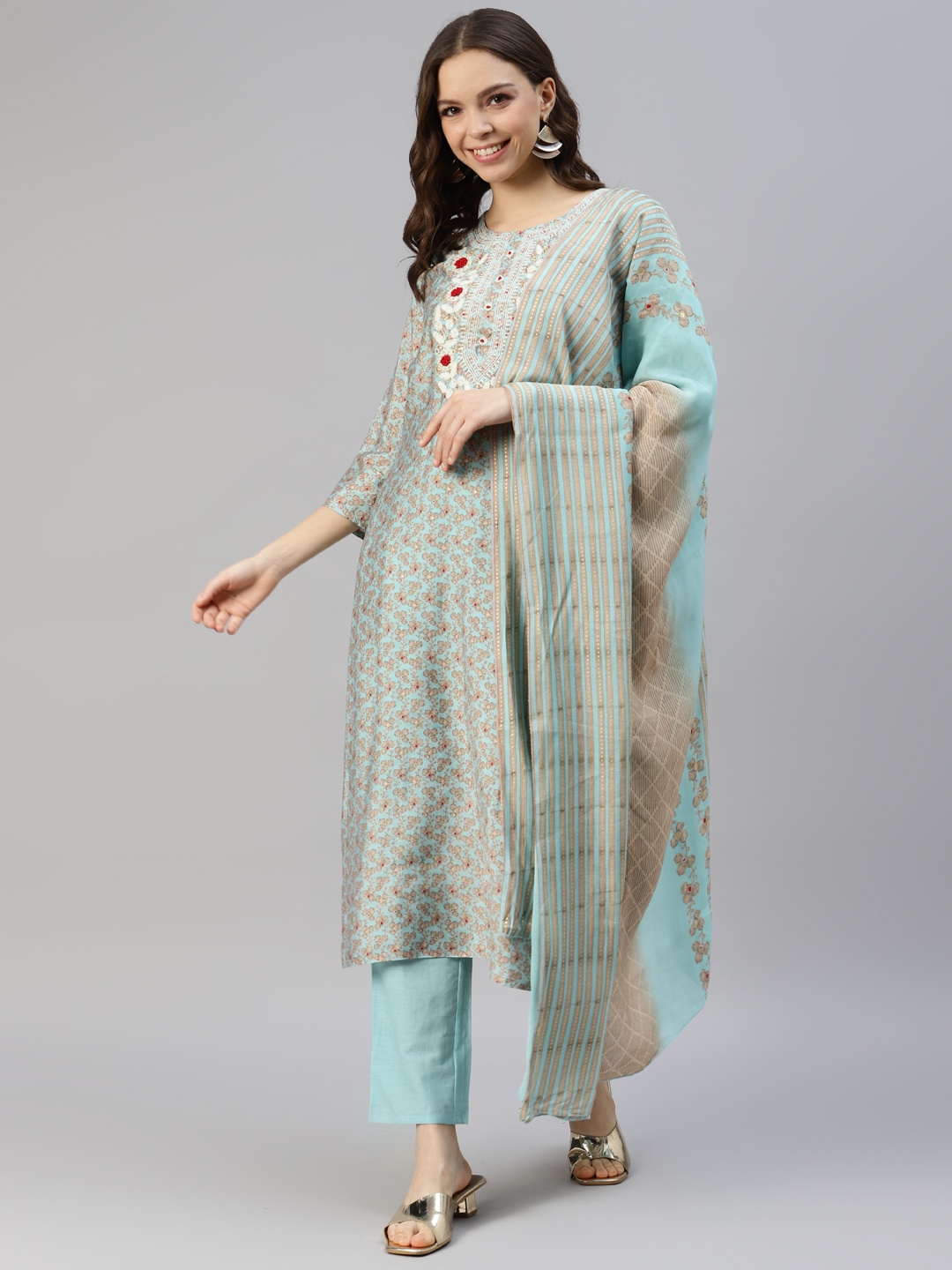 

DIVYANK Women Ethnic Motifs Printed Chanderi Cotton Kurta with Trousers & Dupatta, Blue