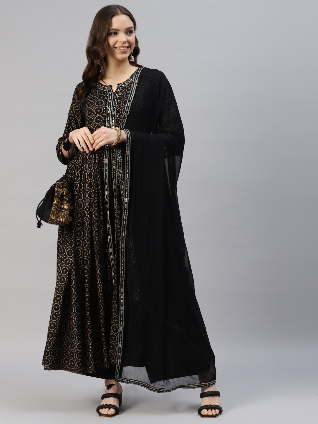 

DIVYANK Ethnic Motifs A-Line Maxi Dress with Dupatta, Black