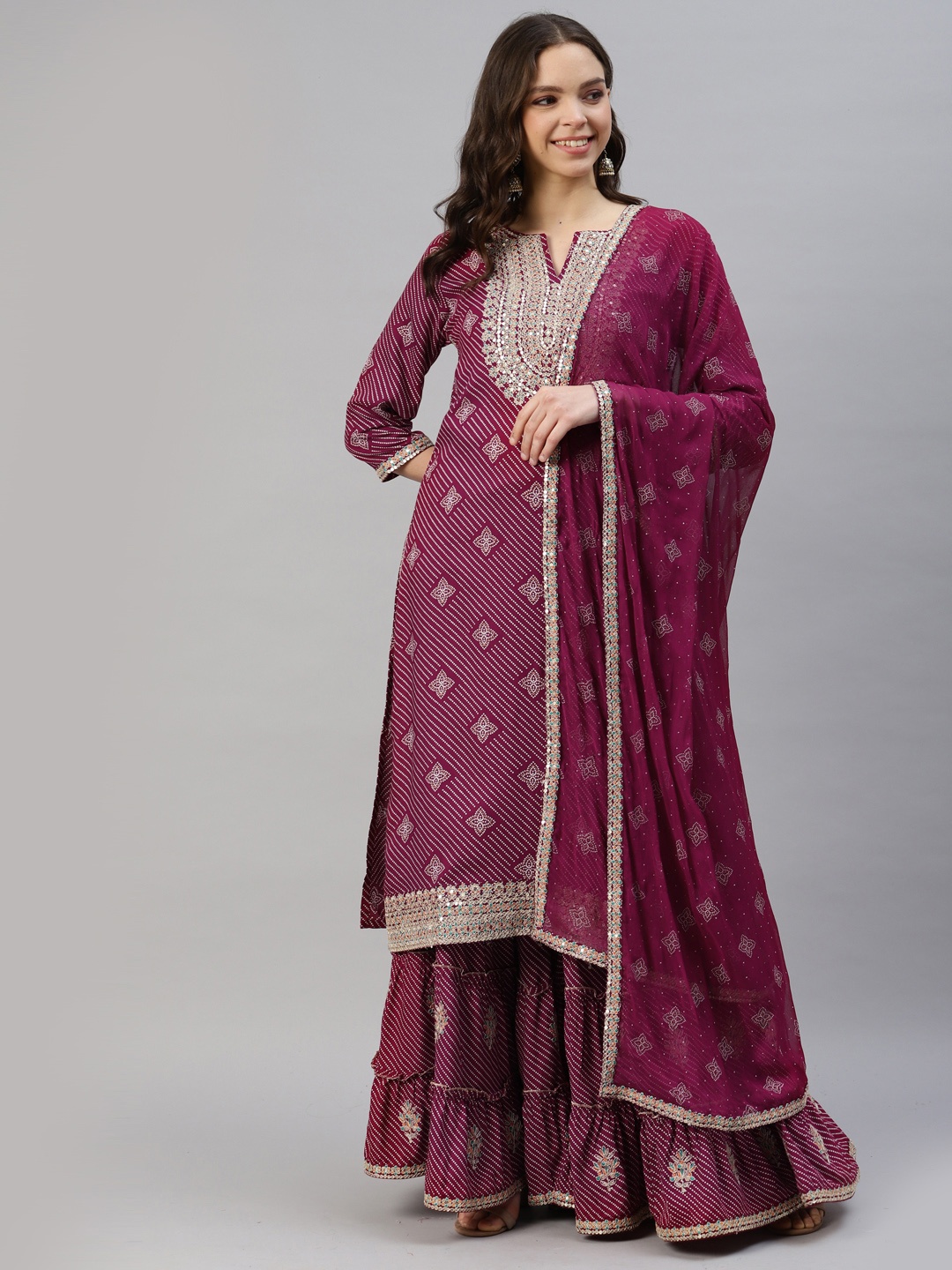 

DIVYANK Women Ethnic Motifs Printed Kurta with Sharara & Dupatta, Purple