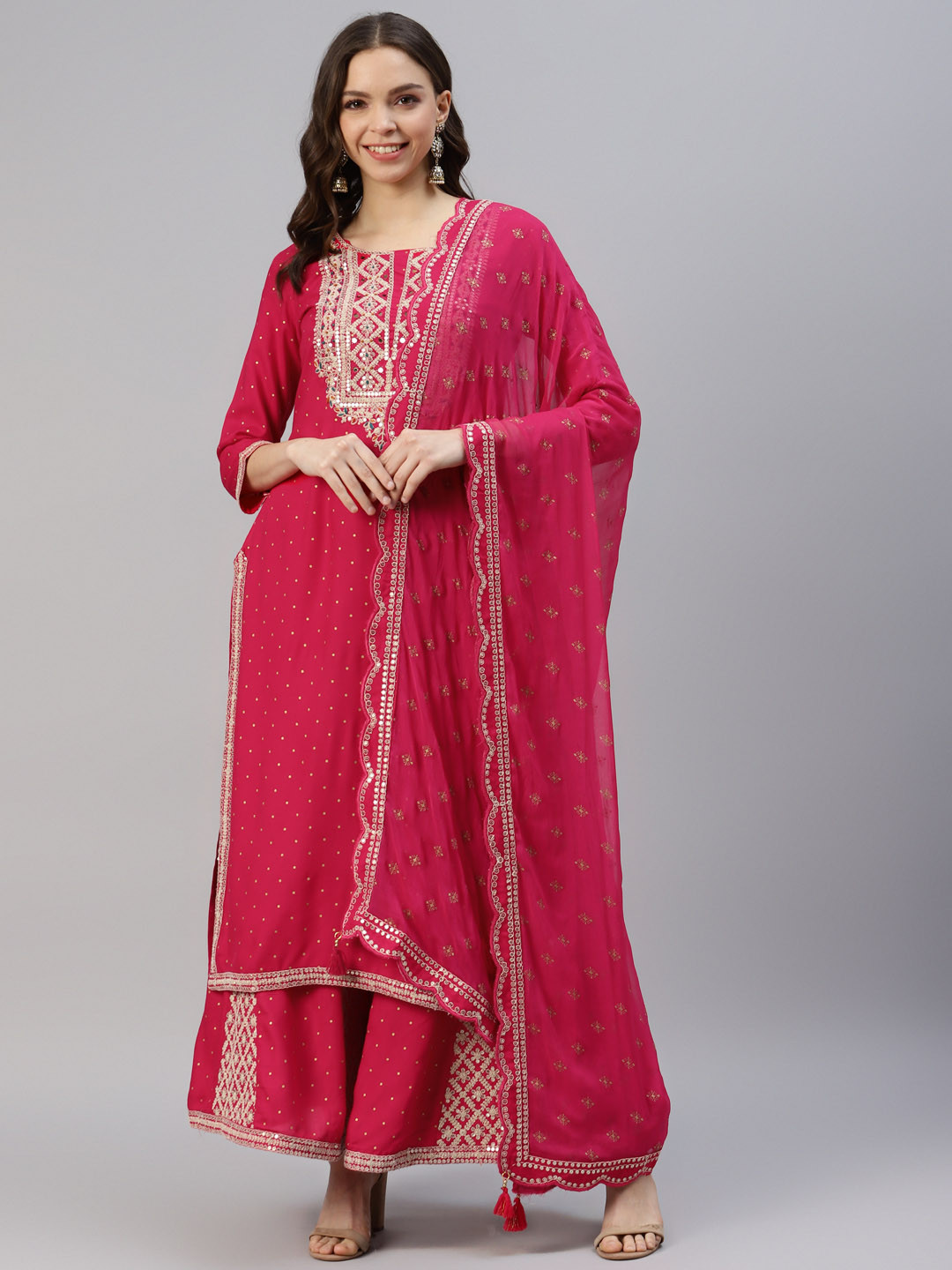 

DIVYANK Women Ethnic Motifs Yoke Design Kurta with Sharara & Dupatta, Pink