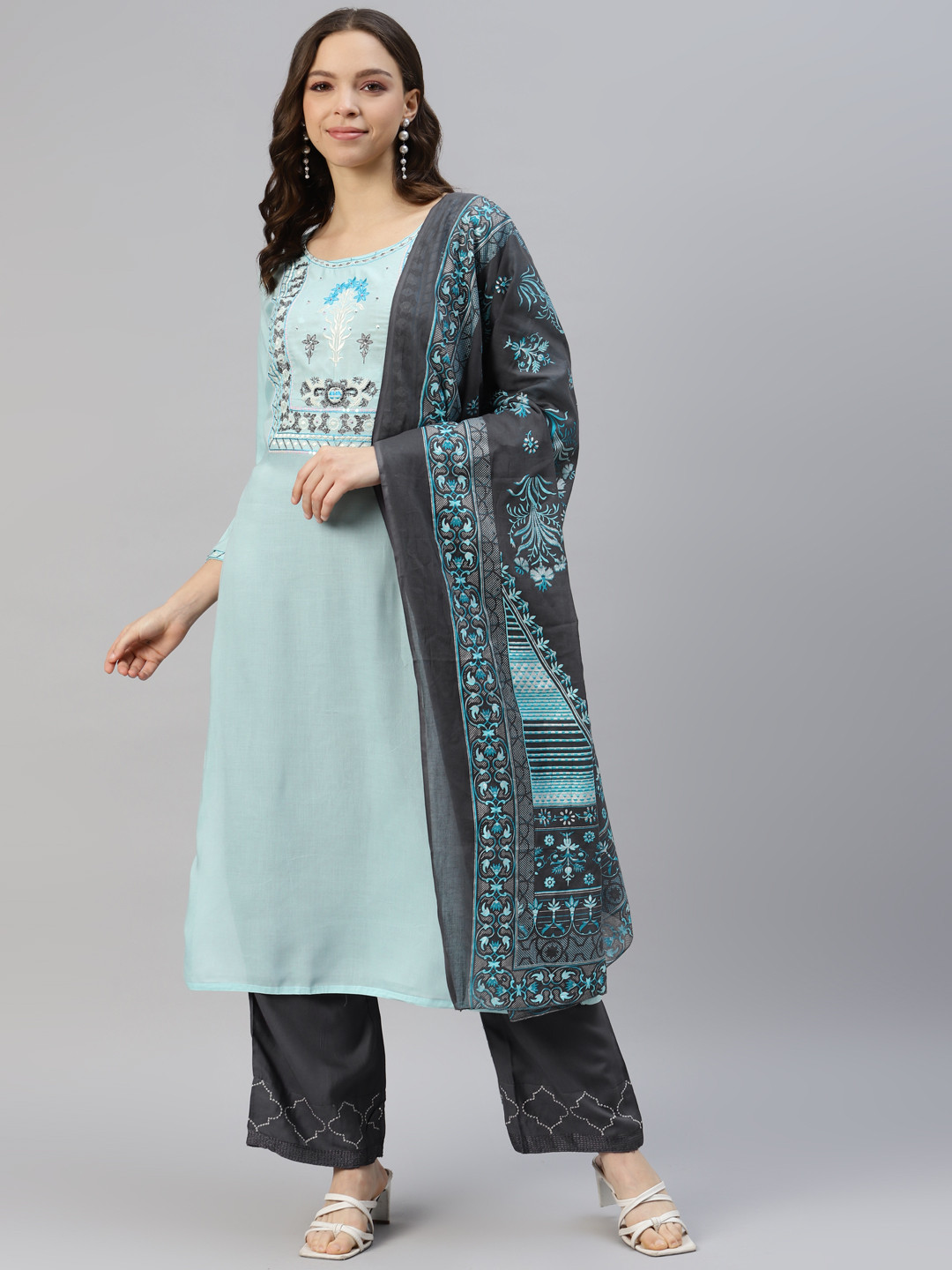 

DIVYANK Women Ethnic Motifs Yoke Design Chanderi Silk Kurta with Palazzos & With Dupatta, Blue