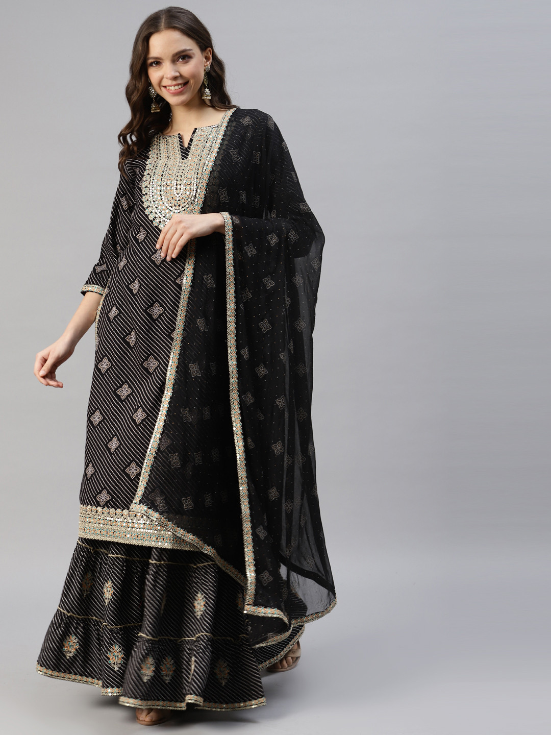 

DIVYANK Women Ethnic Motifs Printed Kurta with Sharara & With Dupatta, Black