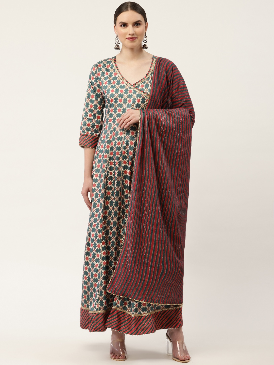 

DIVYANK Teal & Red Ethnic Motifs Satin Maxi Dress