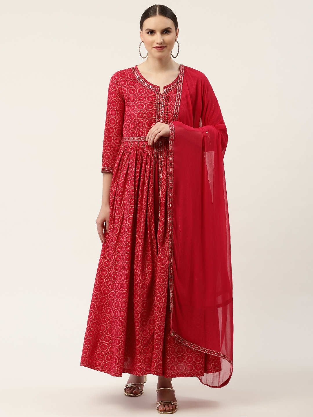 

DIVYANK Red Ethnic Motifs Satin Maxi Dress