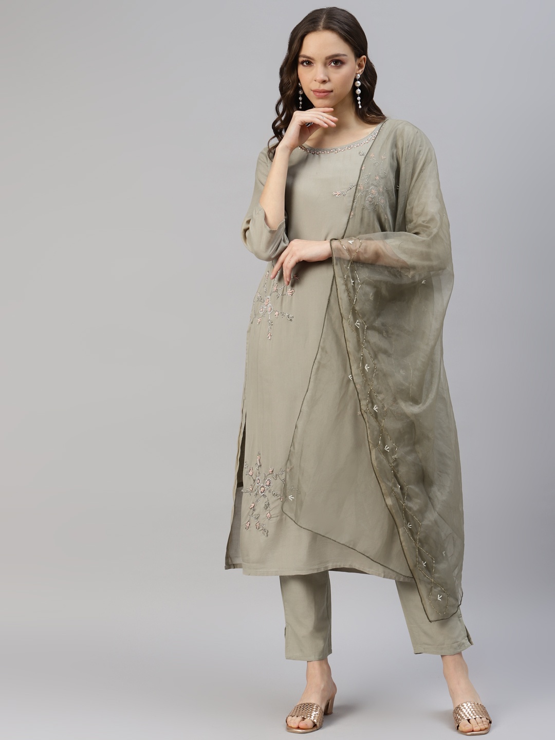 

DIVYANK Women Ethnic Motifs Embroidered Chanderi Cotton Kurta with Trousers & Dupatta, Grey