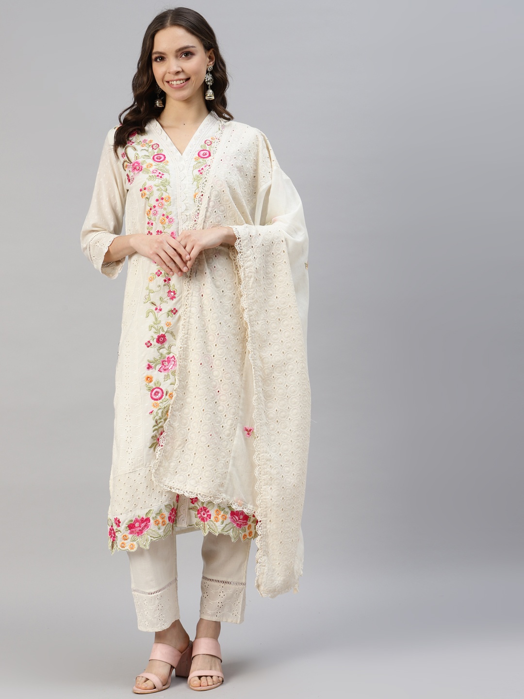 

DIVYANK Women Floral Embroidered Pure Cotton Kurta with Trousers & Dupatta, Off white