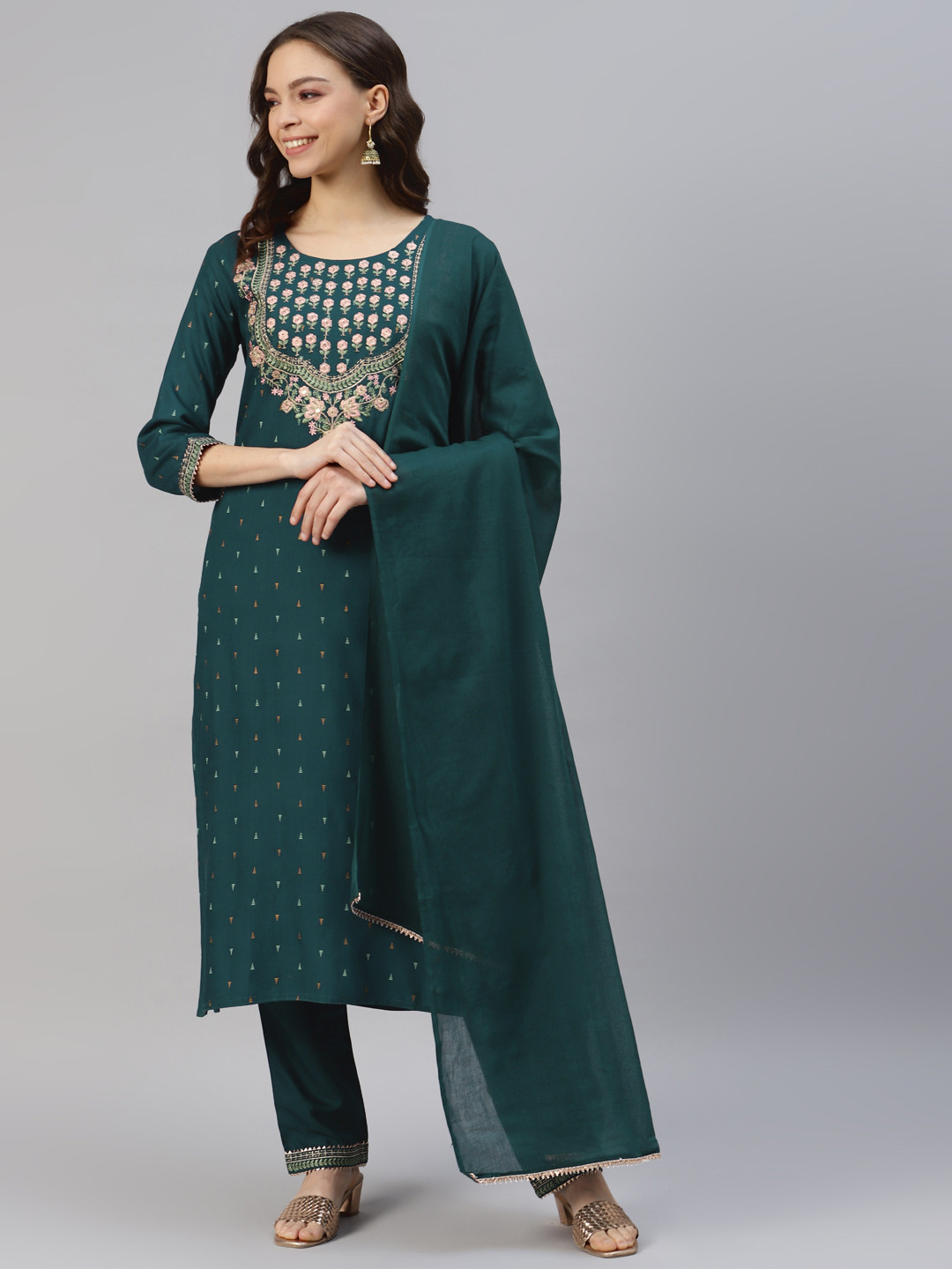 

DIVYANK Women Ethnic Motifs Yoke Design Kurta with Trousers & Dupatta, Teal
