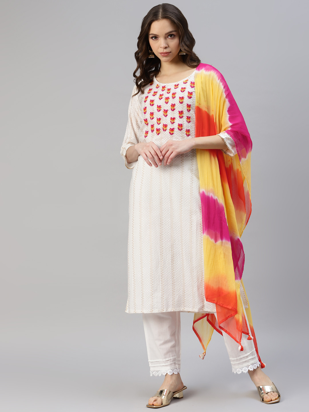 

DIVYANK Women Ethnic Motifs Yoke Design Kurta with Trousers & Dupatta, White
