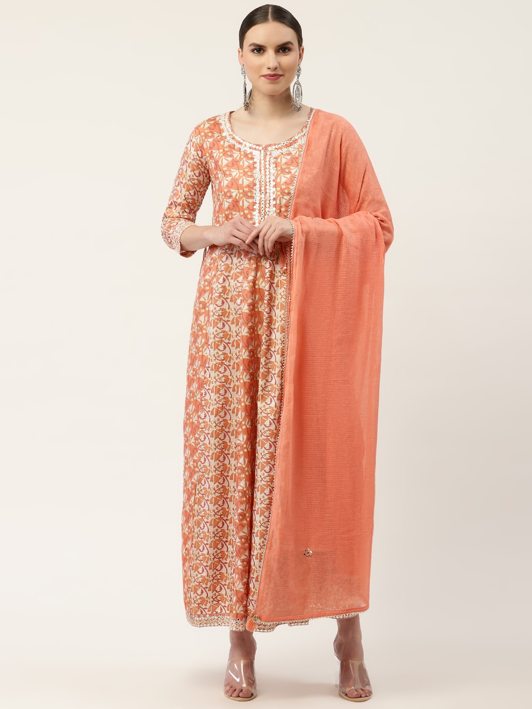 

DIVYANK Orange Floral Satin Maxi Dress