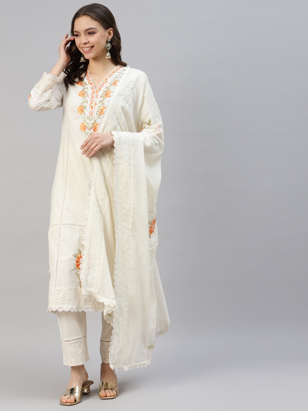 

DIVYANK Women Floral Embroidered Pure Cotton Kurta with Trousers & With Dupatta, Off white