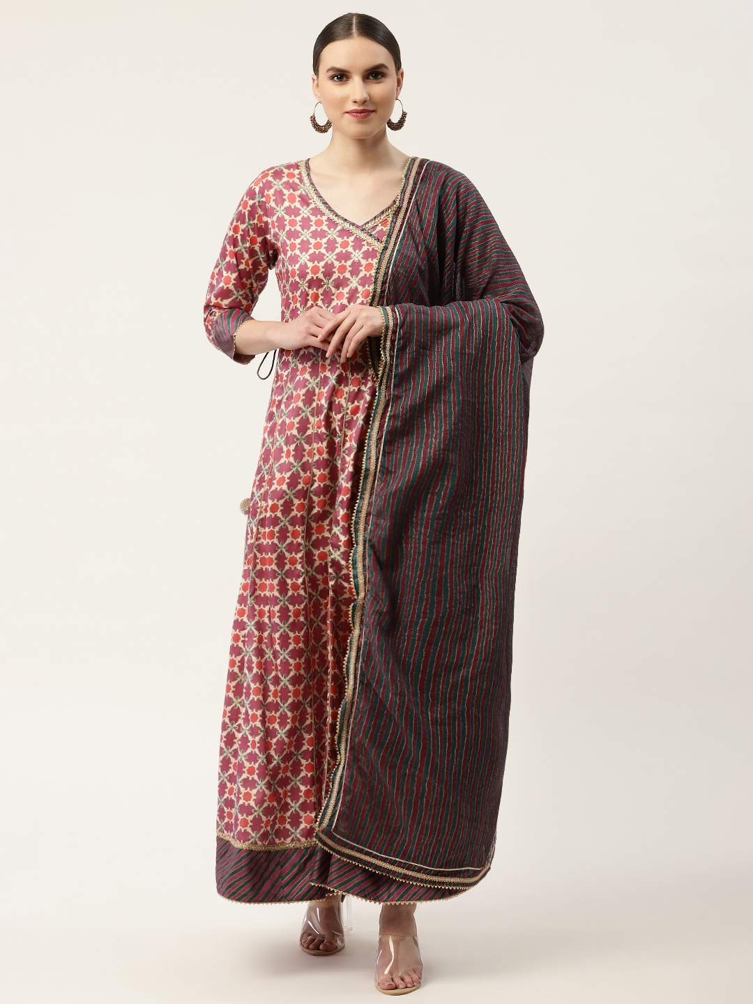 

DIVYANK Beige & Burgundy Floral Satin Maxi Dress