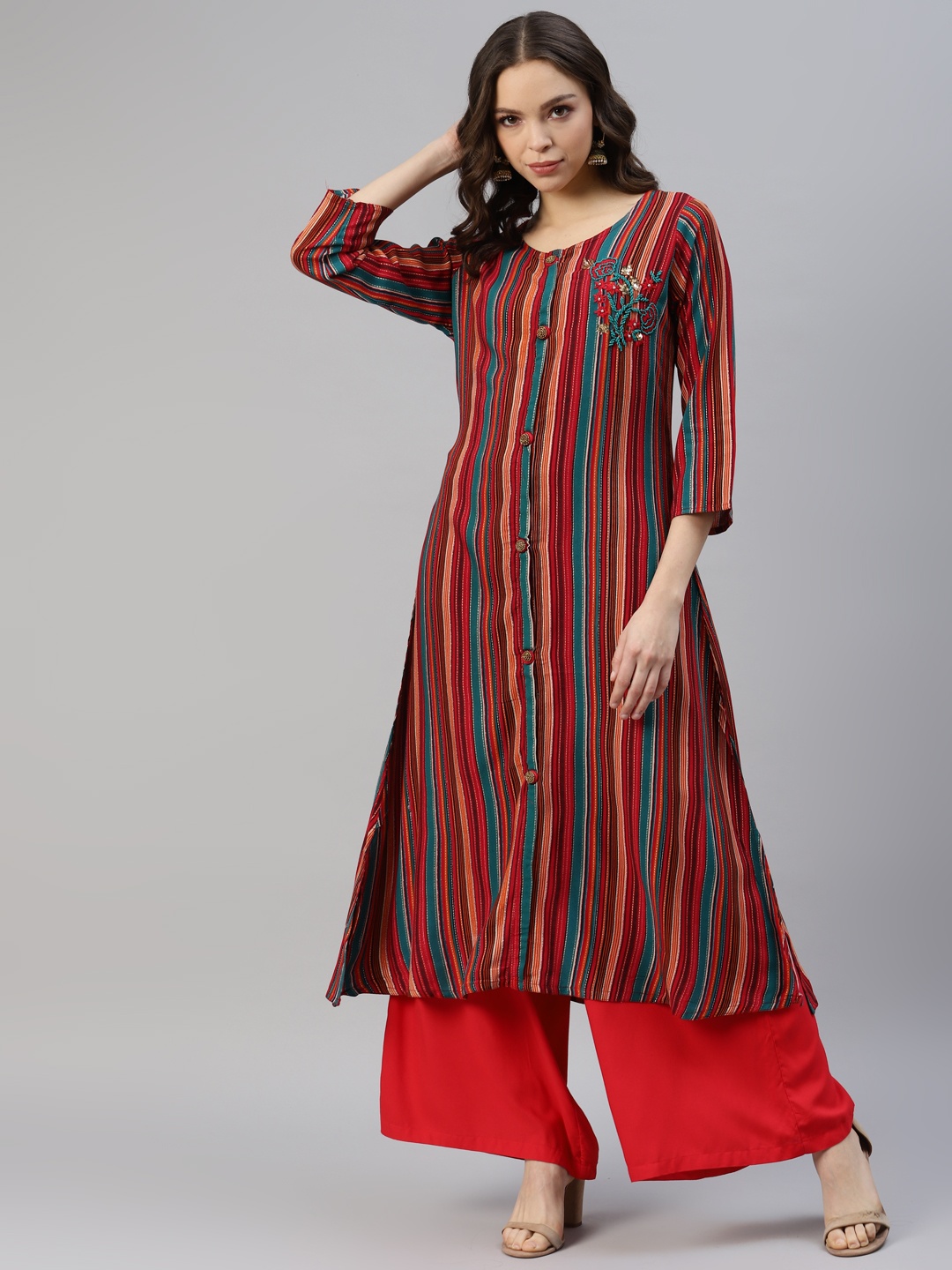 

DIVYANK Women Striped Kurta, Maroon