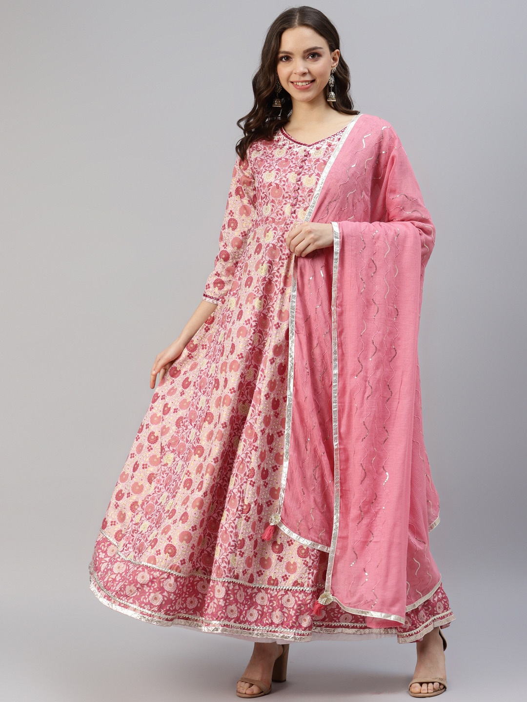 

DIVYANK Women Pink Ethnic Motifs Printed Gotta Patti Anarkali Kurta