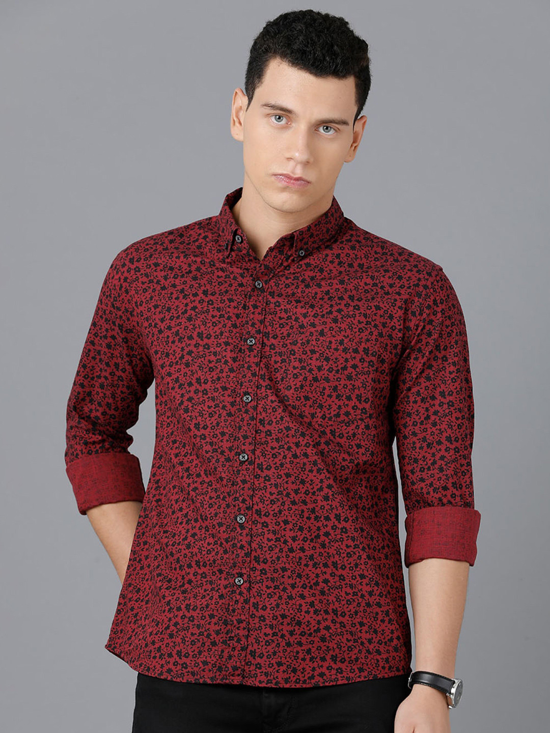 

YOVISH Men Maroon Smart Tailored Fit Floral Printed Cotton Casual Shirt