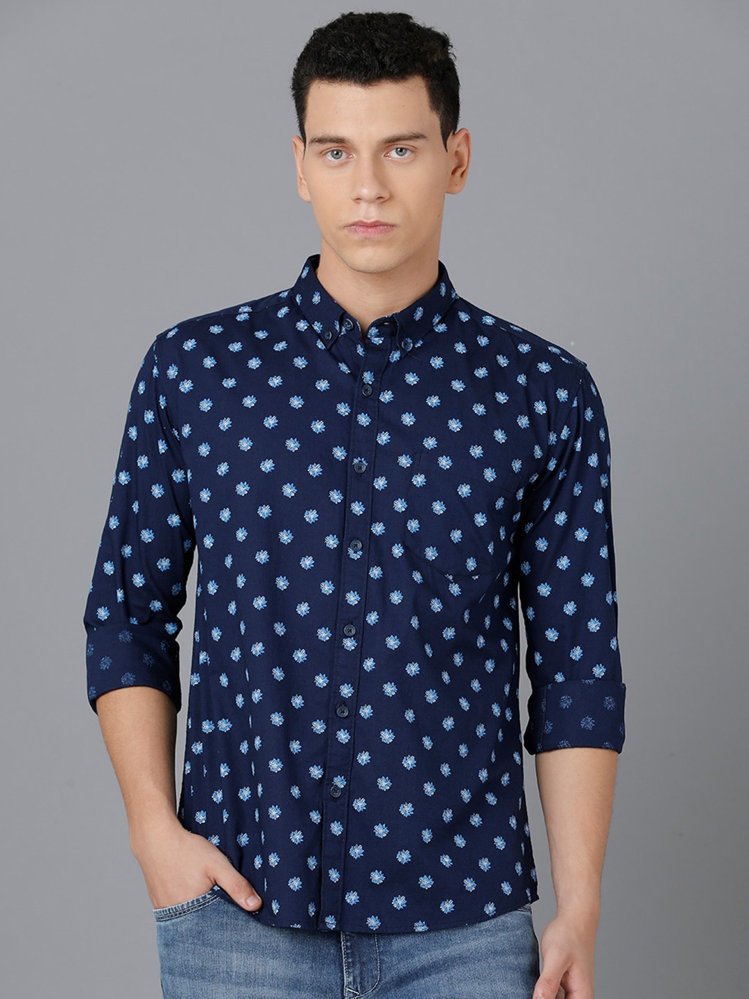 

YOVISH Men Navy Blue Smart Tailored Fit Floral Printed Cotton Casual Shirt