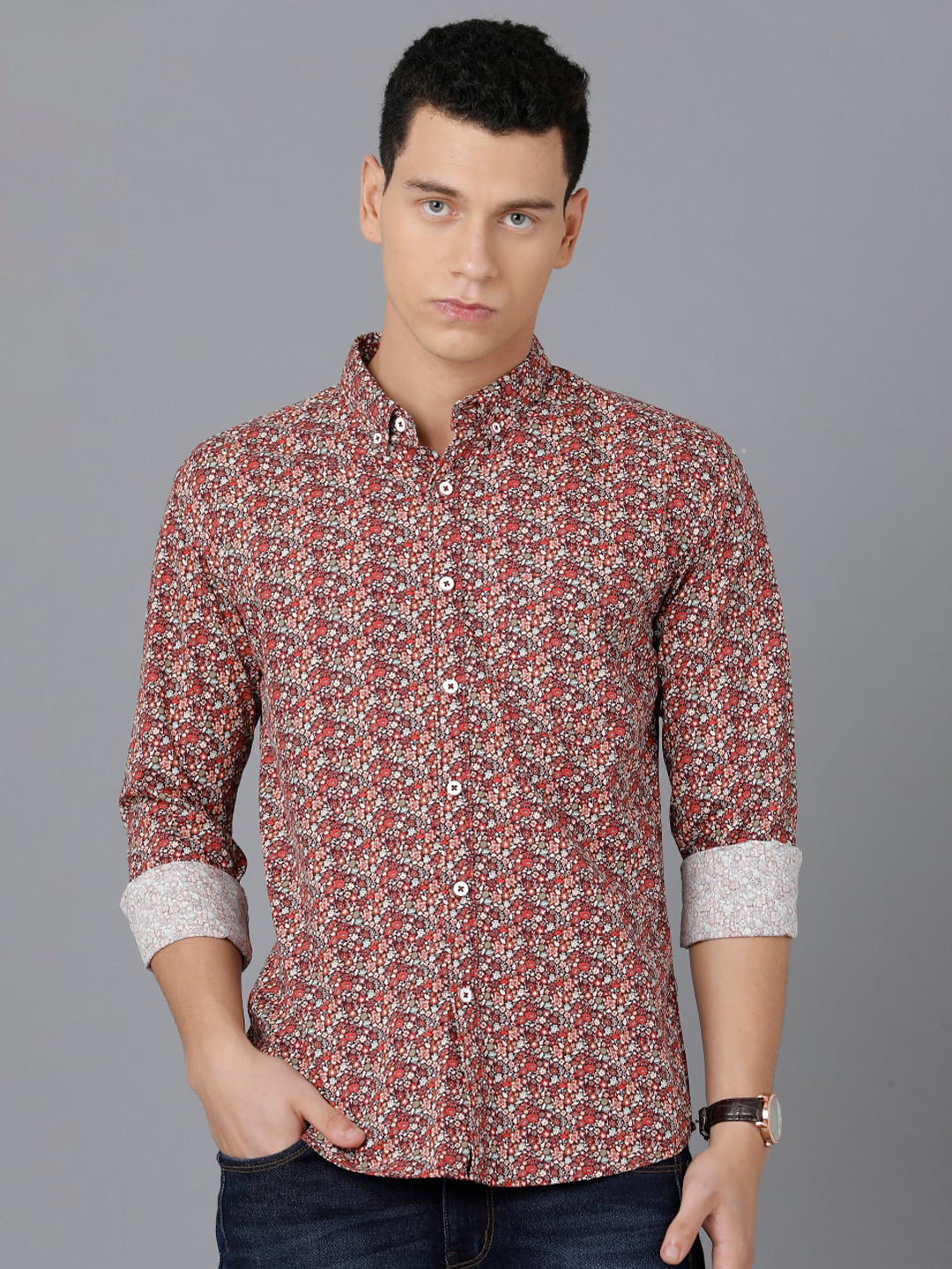 

YOVISH Men Maroon Smart Tailored Fit Floral Printed Cotton Casual Shirt