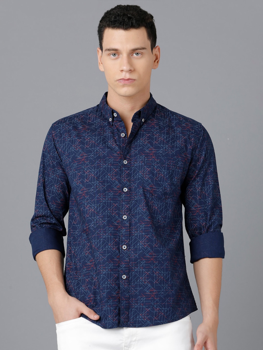 

YOVISH Men Navy Blue Smart Tailored Fit Printed Cotton Casual Shirt
